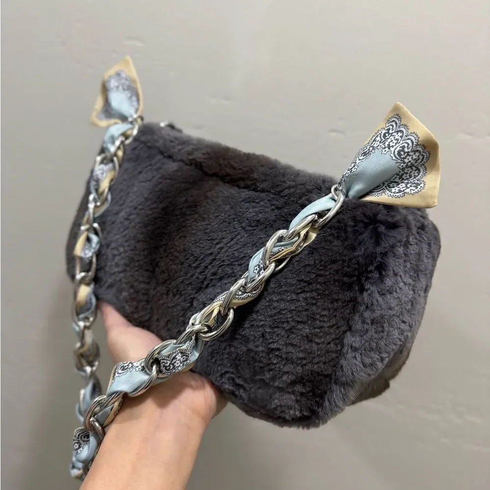 Gray Real Sheared Beaver Fur Handmade Double Zip Pillow Shoulder Bag/ Crossbody